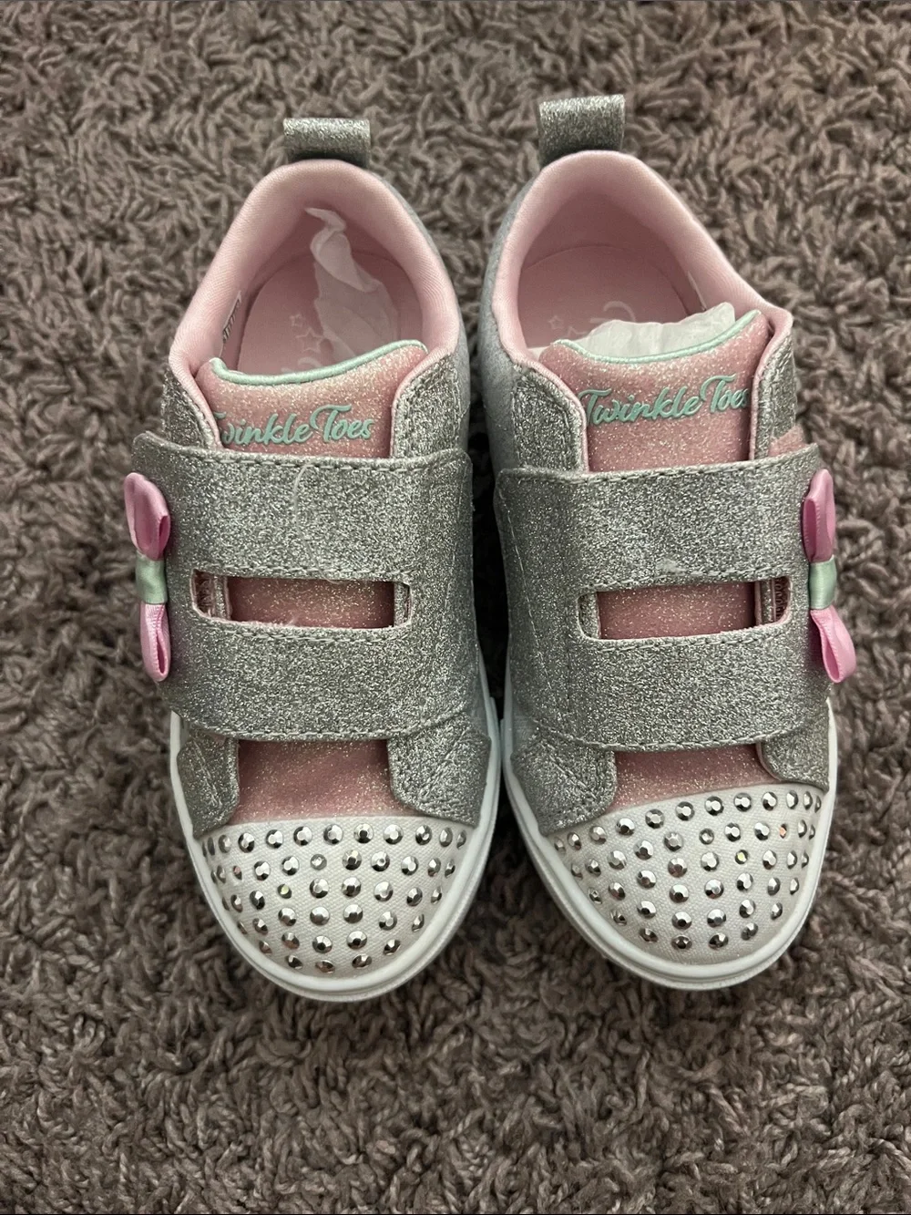 Skechers Girls Silver Glitter Sneakers with Pink Bow